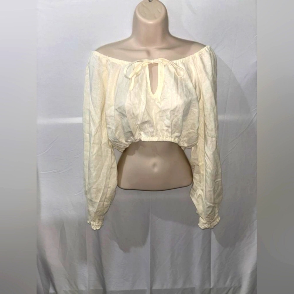 We Wore What Off Shoulder Cropped Linen Top, Size Small - Picture 2 of 4
